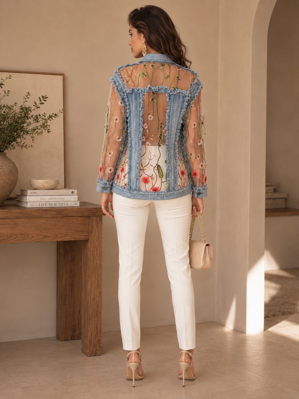A.Z.I. Vintage Inspired Embroidered Sheer Mesh Denim Statement Jacket- Medium - Picture 3 of 10